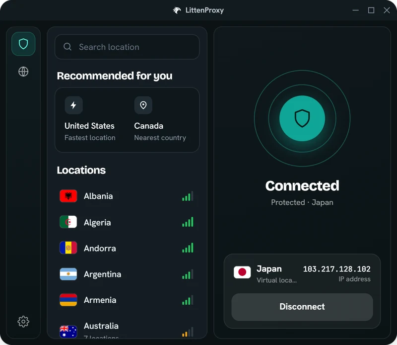 The LittenVPN app for Windows, connected to Japan