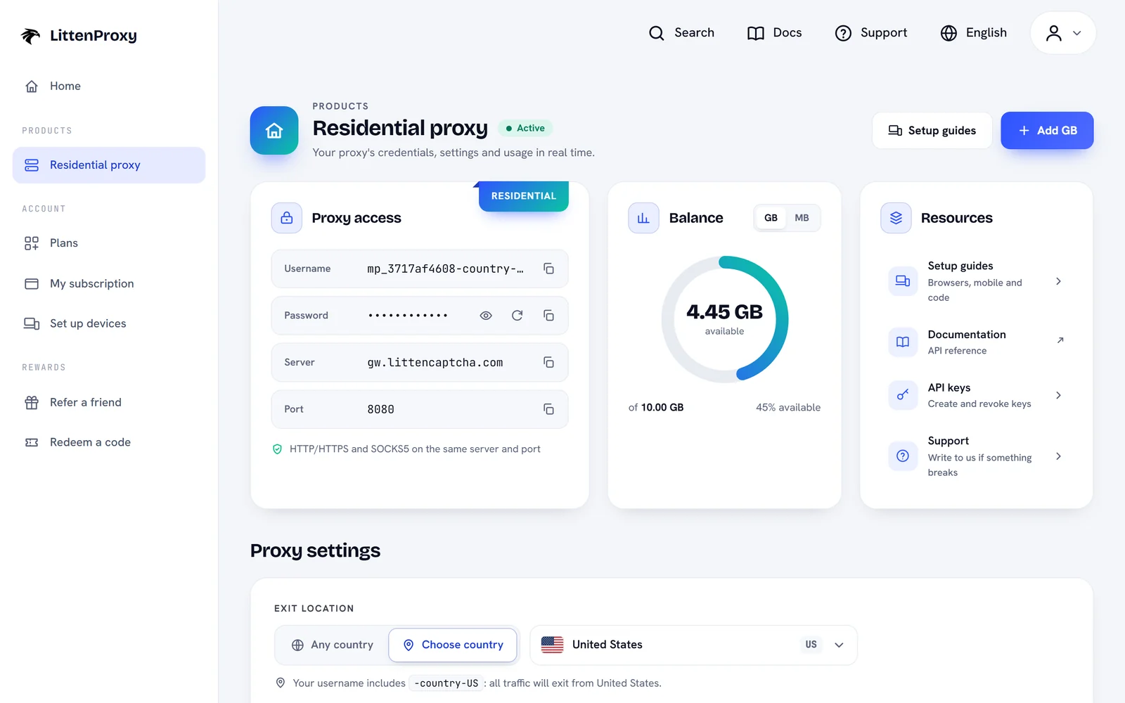 LittenHub dashboard showing residential proxy credentials and balance